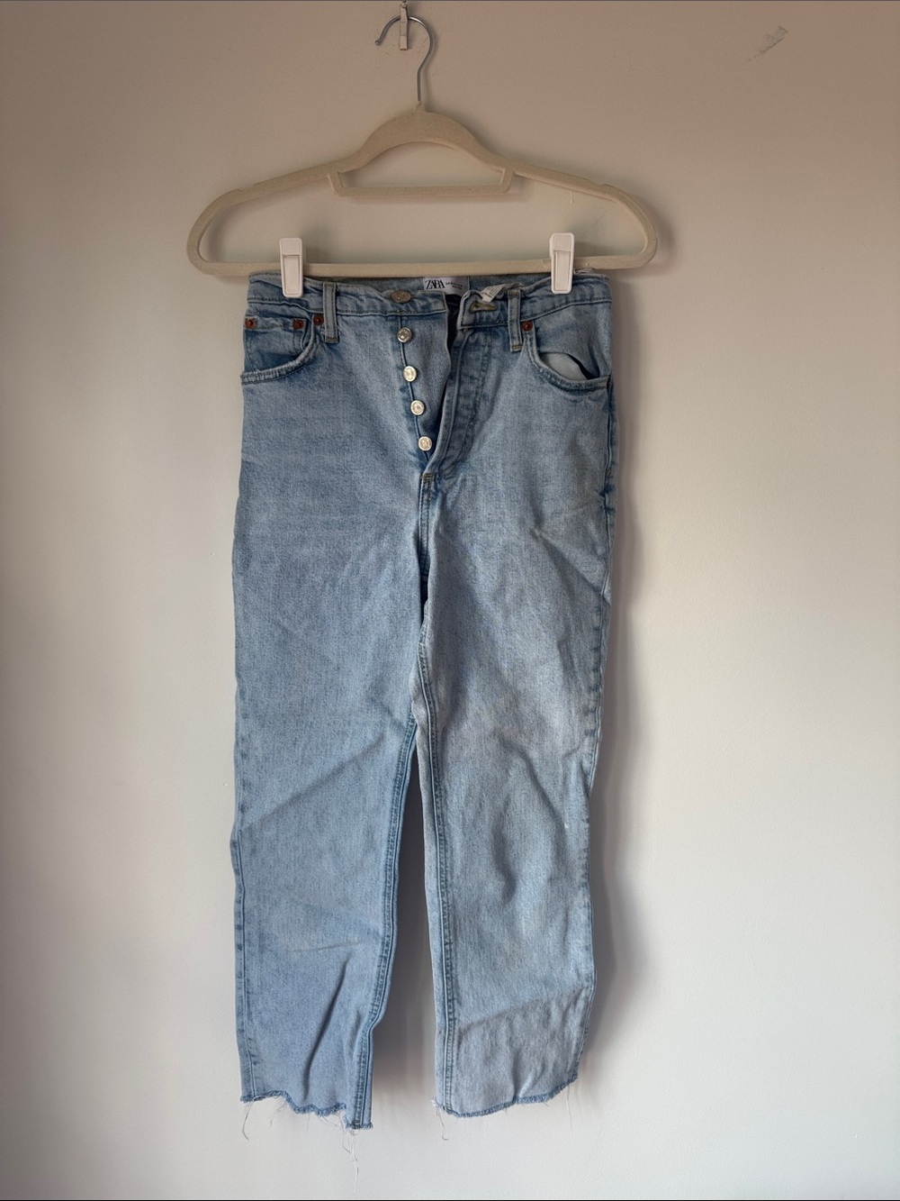 Zara Light Blue Straight Leg Women's Jeans with Button-Fly